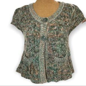 Cap sleeve Heathered green wool blend open front cardigan chunky buttons Medium 